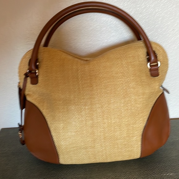 NWOT - SALVATORE FERRAGAMO Yellow/Brown Woven Raffia and Leather Gancio Satchel - Picture 10 of 12